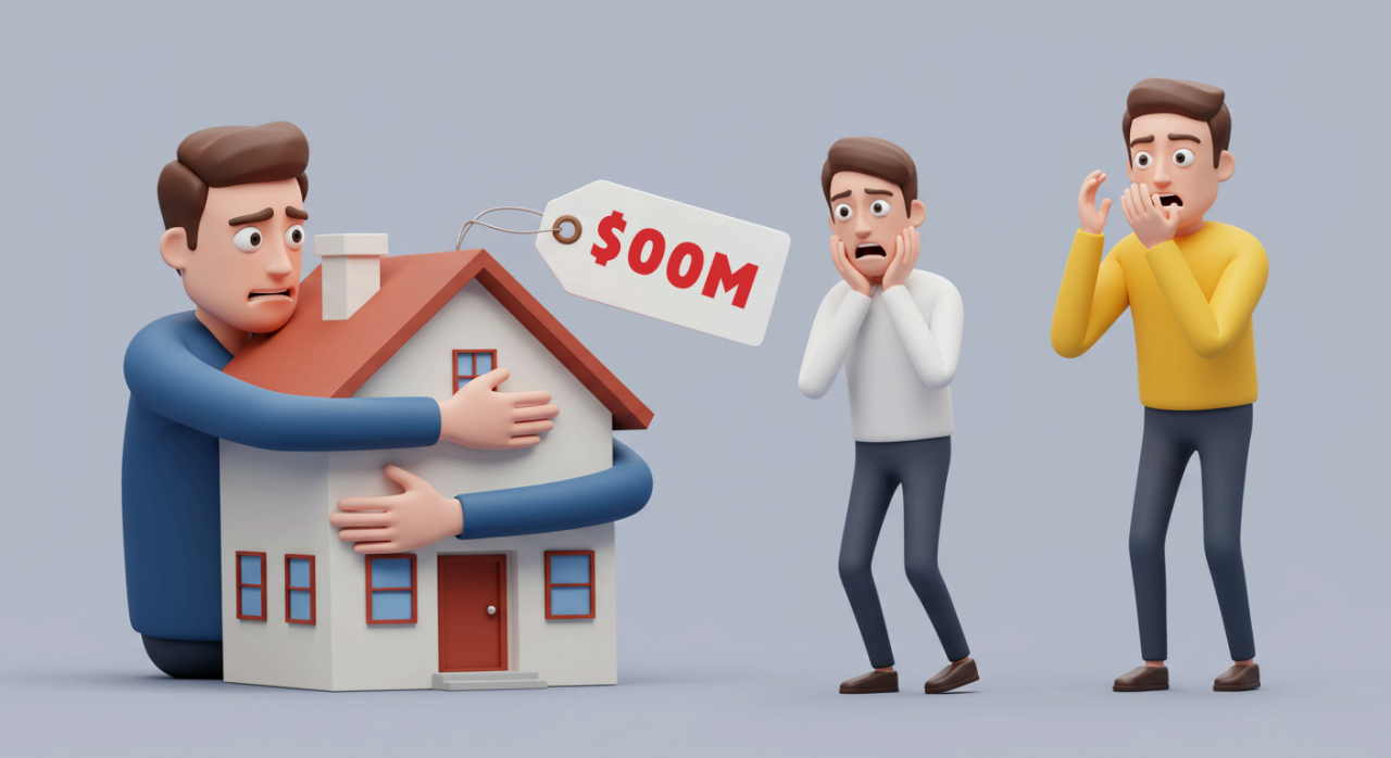 자기집에 높은 가격표를 붙이고 꼭 끌어안고 있는 남자