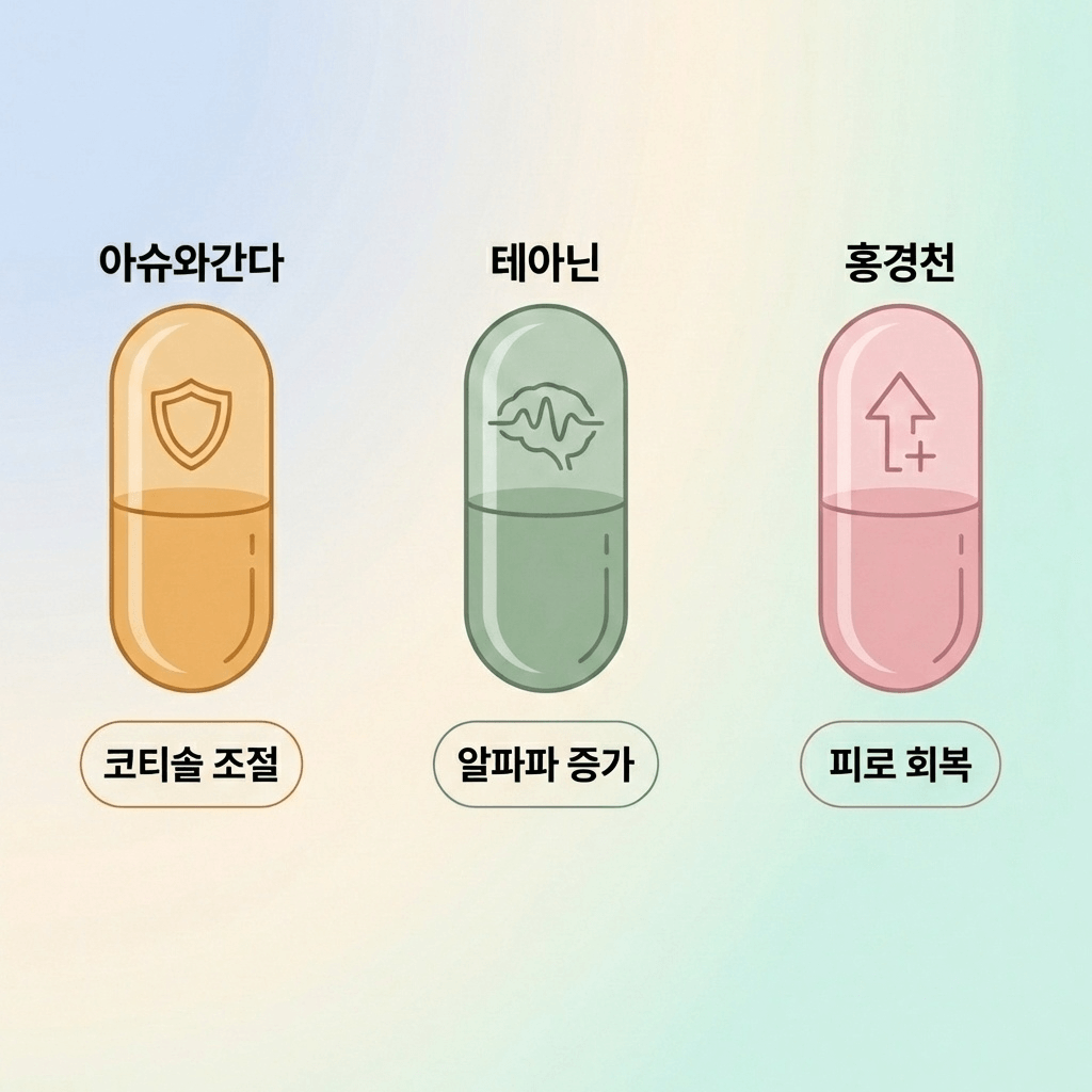 아슈와간다 테아닌 홍경천 스트레스 성분 작용 방식 비교 개념도