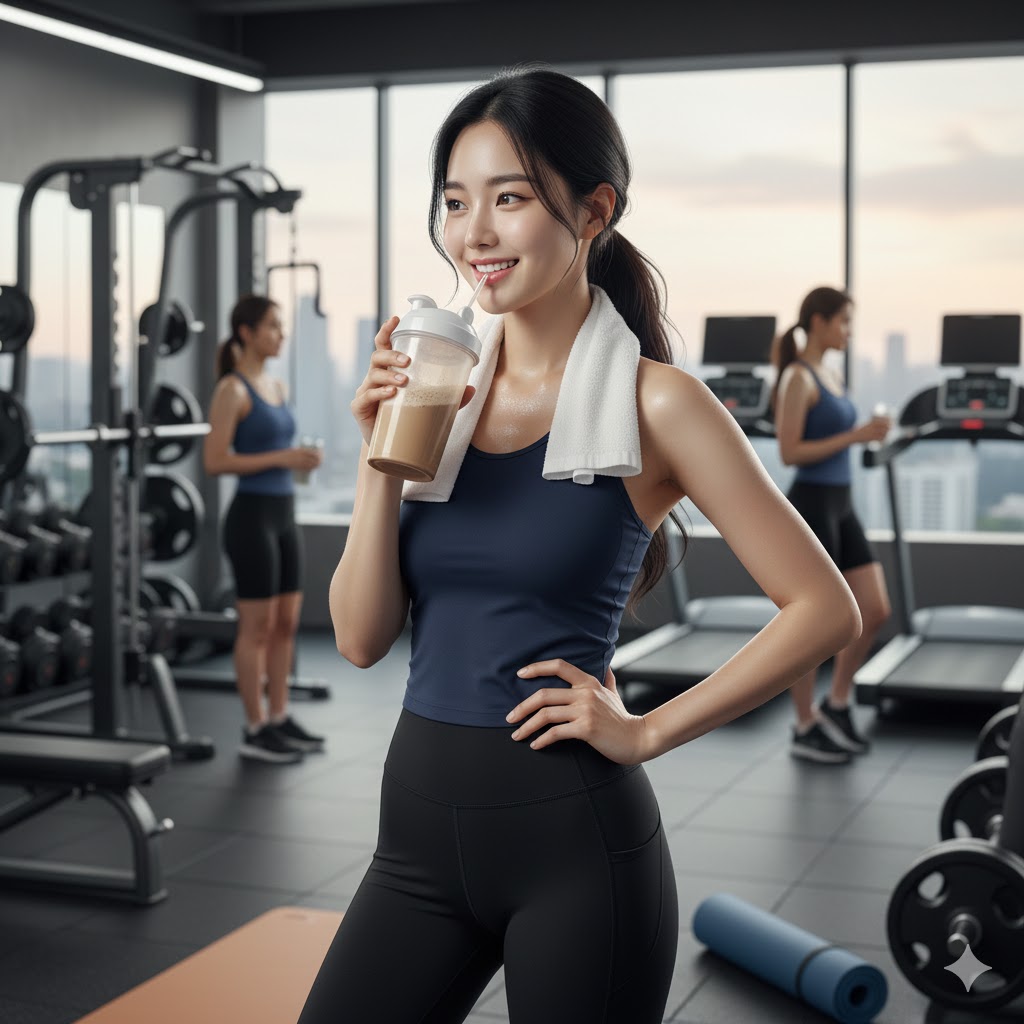 운동 후 단백질 쉐이크를 섭취하는 여성 사진