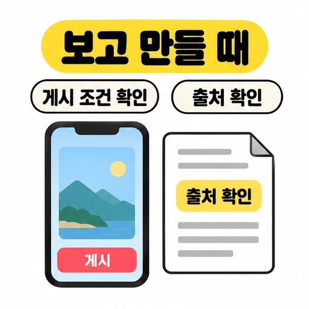 게시 조건 확인을 나타내는 영상 화면과 출처 확인 문서 그림
