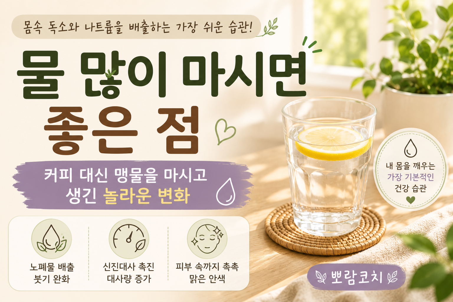 따스한 햇살이 드는 아침 창가 옆 원목 테이블 위에 맑고 깨끗한 물이 가득 담긴 투명한 유리잔