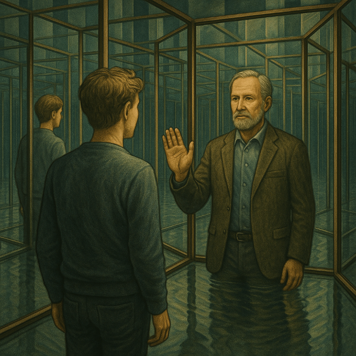 거울 미로 속에서 자신의 미래 모습과 마주하는 한 인물, 거울 속 이미지는 현실화되고 있는 모습