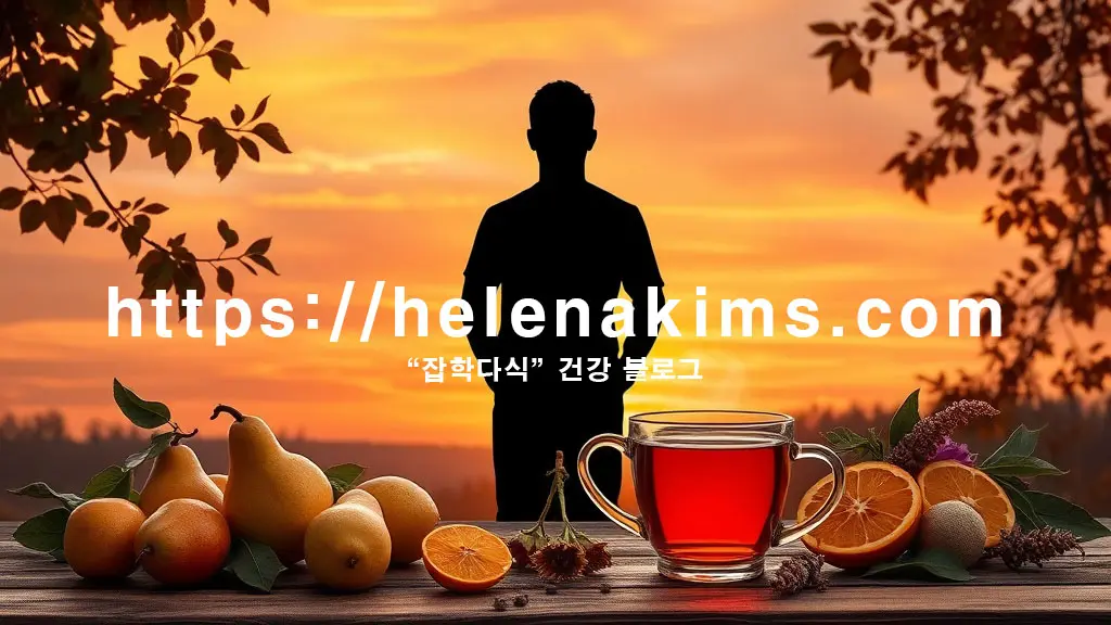 따뜻한 분위기의 환절기 풍경을 배경으로, 건강한 남성의 편안하게 숨 쉬는 실루엣이 중앙에 있고, 주변에는 따뜻한 차 한 잔, 신선한 과일(배, 유자), 그리고 도라지 같은 약용 식물들이 조화롭게 놓여 있다.