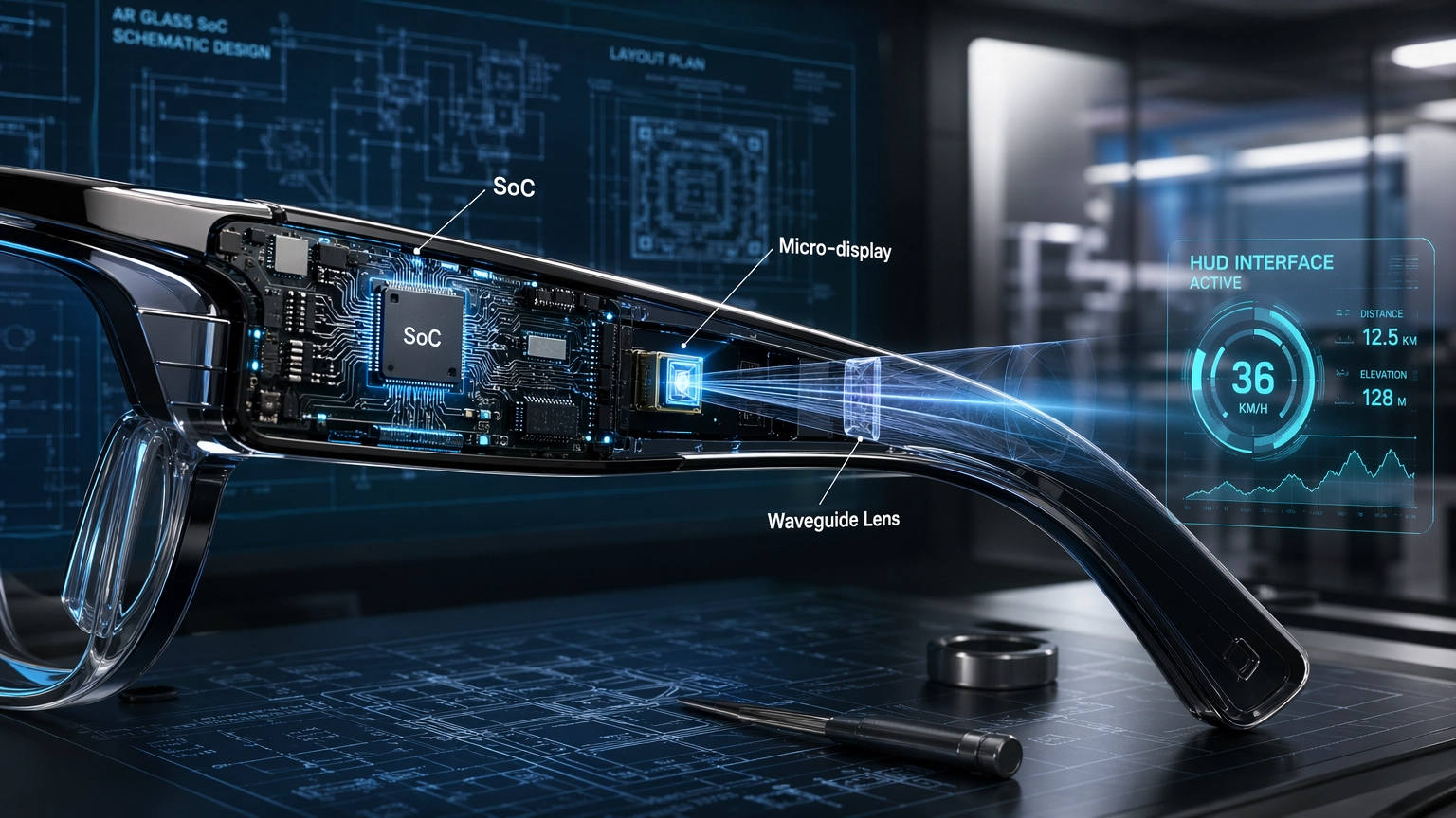 라온텍의 핵심 기술인 초소형 마이크로 디스플레이와 구동 SoC(System-on-Chip)가 안경형 웨어러블 기기(AR 글래스) 내부에 탑재된 정밀 구조를 시각화했습니다.
이미지 상세 설명:
시스템온칩 (SoC): 안경 다리(템플) 내부에 위치한 아주 작은 반도체 칩으로, 영상 데이터를 처리하고 디스플레이를 정밀하게 제어하는 '두뇌' 역할을 합니다. 라온텍의 초저전력 설계 기술이 집약되어 있습니다.
마이크로 디스플레이 (Micro-display): 손톱보다 훨씬 작은 크기에도 불구하고 초고해상도 영상을 투사하는 핵심 유닛입니다. LCoS, OLEDoS 등 라온텍의 독보적인 광학 기술이 적용되었습니다.
웨이브가이드 렌즈 (Waveguide Lens): 마이크로 디스플레이에서 나온 빛이 렌즈를 통과하며 사용자의 눈앞에 선명한 홀로그램 인터페이스(HUD)를 구현하는 과정을 보여줍니다.
초소형&middot;고효율: 안경의 얇은 프레임 안에 모든 전자 부품이 완벽하게 통합된 모습을 통해 라온텍의 세계적인 팹리스 설계 역량을 시각화했습니다.