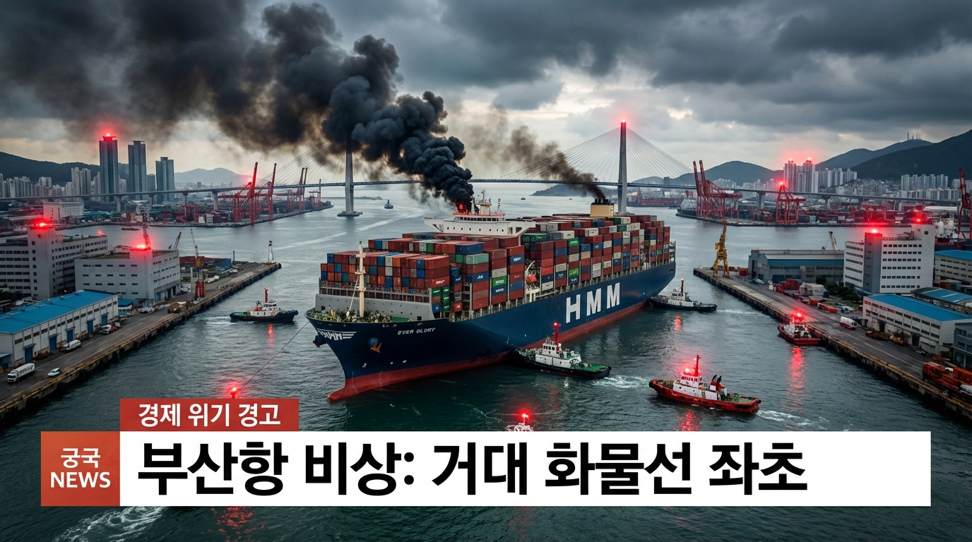호르무즈 해협 봉쇄로 인한 부산항 물류 대란과 선박 정체 상황 묘사