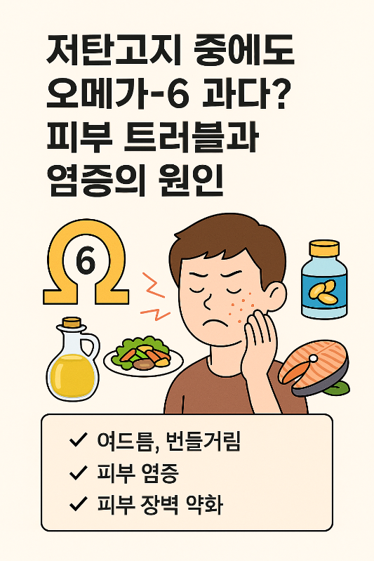 저탄고지 중 오메가-6 과다 섭취로 인한 피부 트러블을 설명하는 인포그래픽. 여드름이 난 남성과 오메가-6 식품들, 염증 아이콘, 증상 요약 리스트가 함께 배치되어 있다.