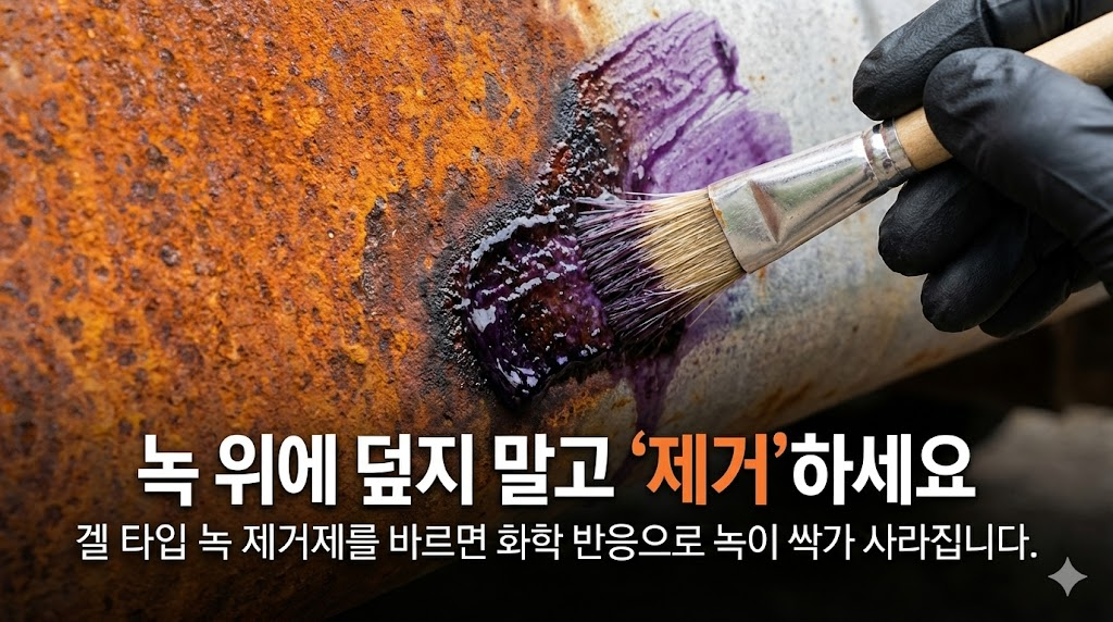 첫 번째 해결책으로 화학적 녹 제거 방법을 제시합니다. 붉은 녹 위에 겔 타입 녹 제거제를 바르자 화학 반응을 일으키며 보라색으로 변하는 과정을 생생하게 보여줍니다. 단순히 녹을 덮는 것이 아니라 근본적으로 '제거'해야 한다는 메시지를 전달합니다.