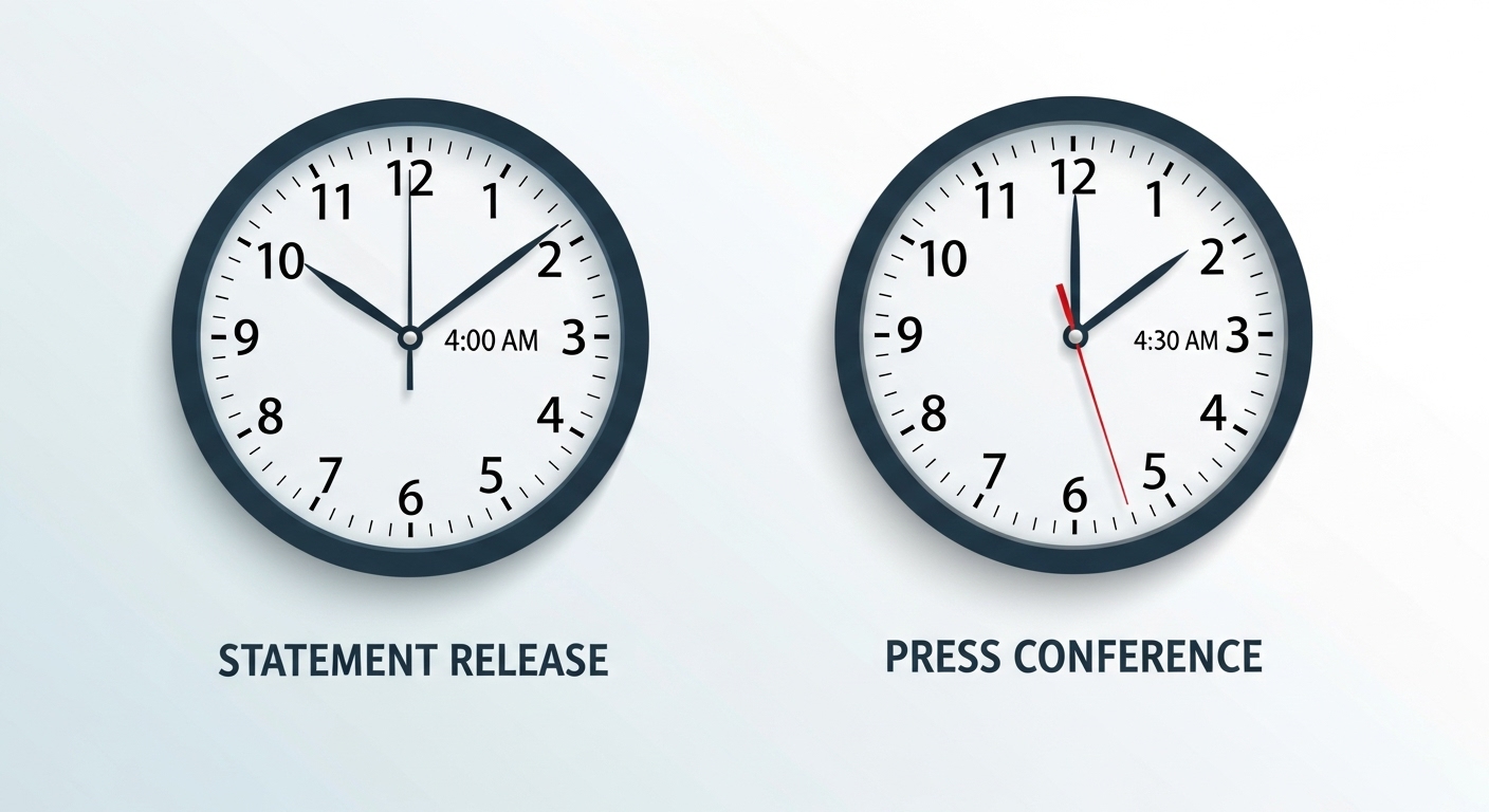 Infographic with two analog clocks pointing to 400 AM and 430 AM, labeled 'Statement Release' and 'Press Conference'.