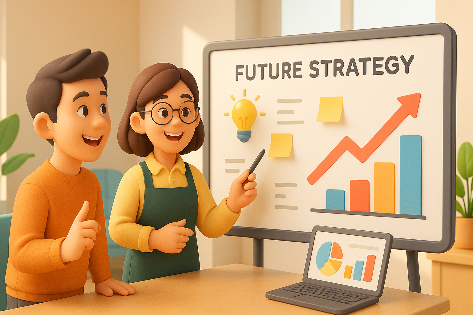 회의실에서 화이트보드에 성장 전략을 적으며 미래를 계획하는 소상공인들