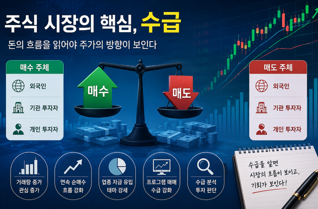 주식 수급과 매수 매도 흐름 설명 이미지