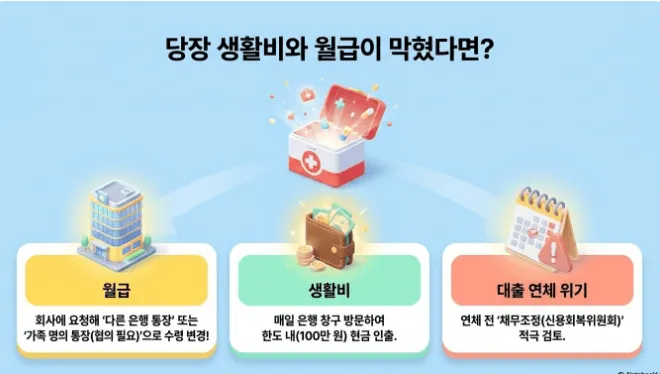 사기이용계좌 지급정지로 월급과 생활비가 막혔을 때의 대응 방법을 안내하는 인포그래픽입니다. 월급은 회사에 다른 은행 통장 또는 가족 명의 통장으로 수령 변경을 요청하고, 생활비는 매일 은행 창구 방문하여 한도 내 현금 인출로 확보하며, 대출 연체 위기 시 연체 전 채무조정(신용회복위원회)을 적극 검토하라는 행동 지침을 시각적으로 전달합니다.