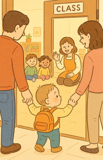 24개월 아기가 어린이집 문 앞에서 부모와 손잡고 입장하는 모습