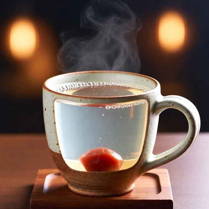 우메보시가 담긴 투명하고 따뜻한 오유와리 한 잔과 도자기 잔의 질감