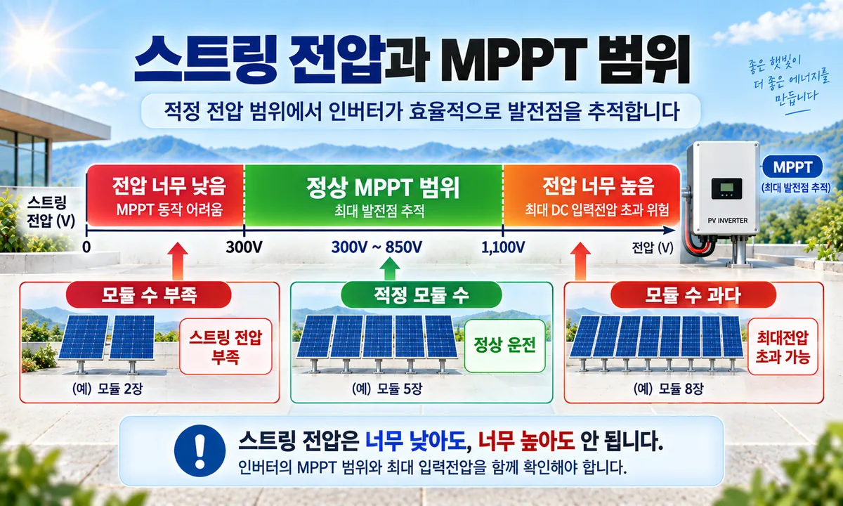 태양광 스트링 전압과 인버터 MPPT 동작 범위 및 최대 DC 입력전압 관계