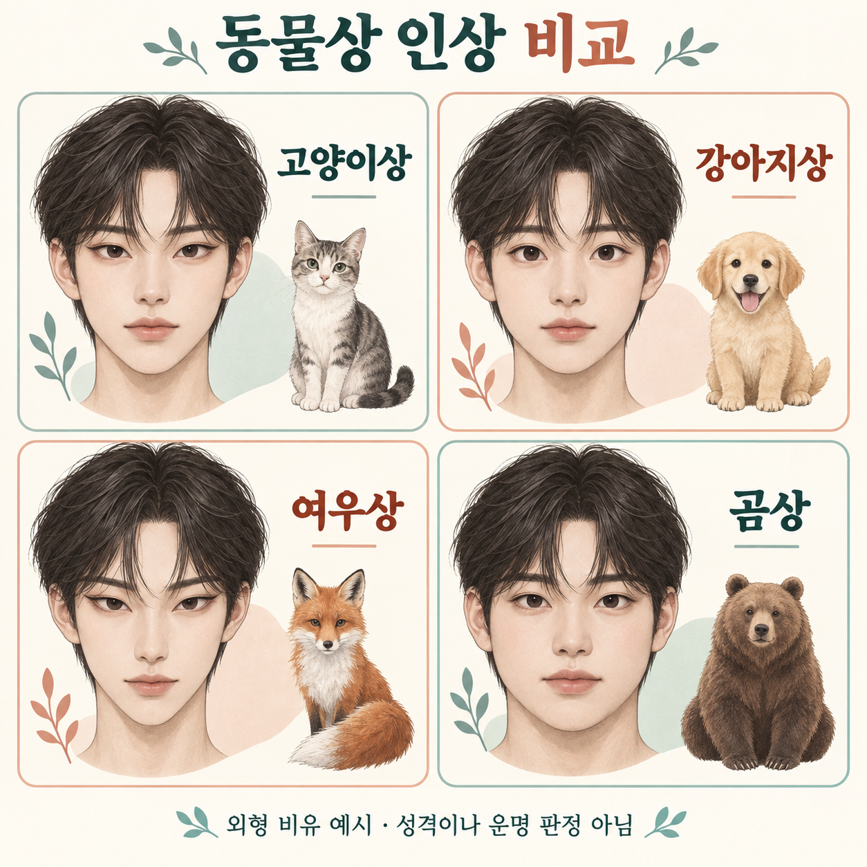 고양이상&middot;강아지상&middot;여우상&middot;곰상의 눈매와 얼굴선을 같은 정면 구도로 비교한 가상 인물 그림