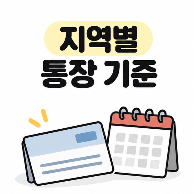 지역별 통장 기준을 확인하자는 문구와 청약통장 및 달력 일러스트