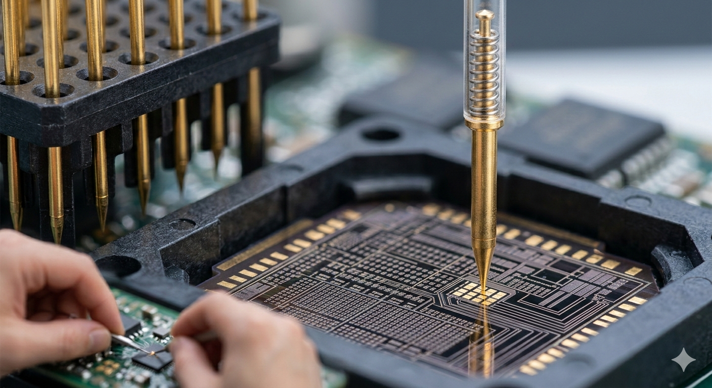 리노공업의 핵심 부품인 초정밀 반도체 테스트 핀과 테스트 소켓을 활용한 시스템 반도체 검사 공정