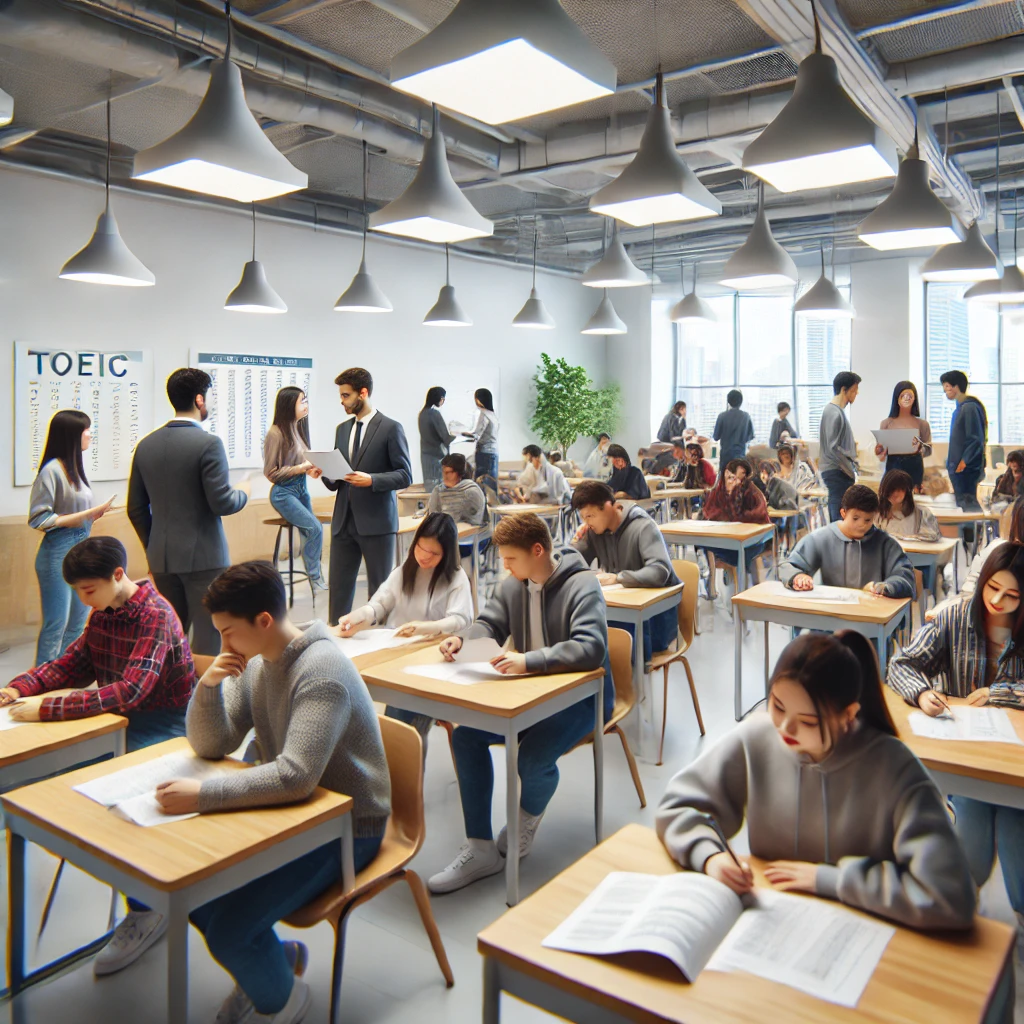 교실에서 토익 시험을 준비하는 학생들