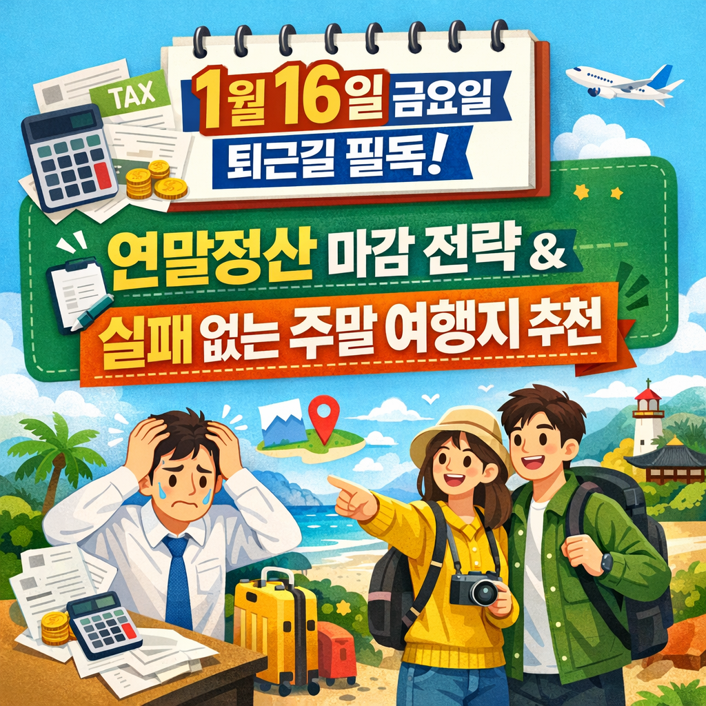 [1월 16일] 금요일 퇴근길 필독! 연말정산 마감 전략 &amp; 실패 없는 주말 여행지 추천
1월 주말 여행지 추천, 당일치기 겨울 여행, 홈캉스 즐기는 법, 연말정산 서류 준비, 금요일 퇴근 루틴, 겨울 실내 가볼만한곳, 주말 날씨 예보, 직장인 자기계발, 불금 메뉴 추천, 2026년 1월 축제