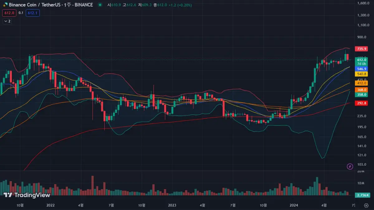BNB코인-주봉-차트