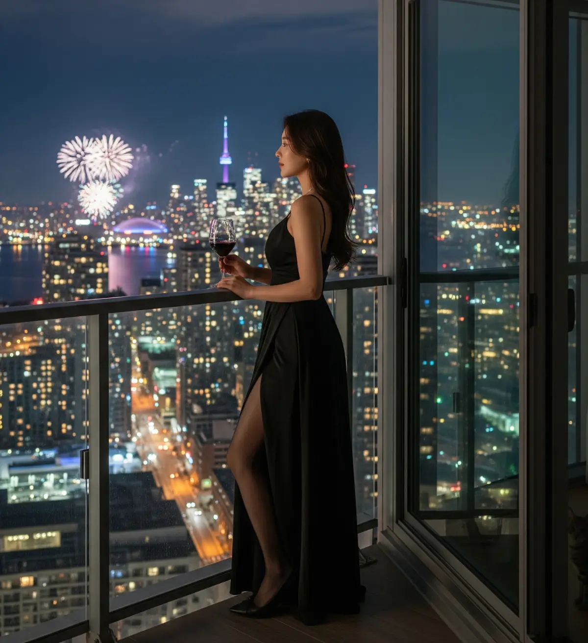 다운타운 고층 아파트 발코니에서, 와인잔을 들고 토론토의 야경과 함께 펼쳐지는 캐나다 데이 불꽃놀이를 우아하게 감상하는 20대 한국 여성