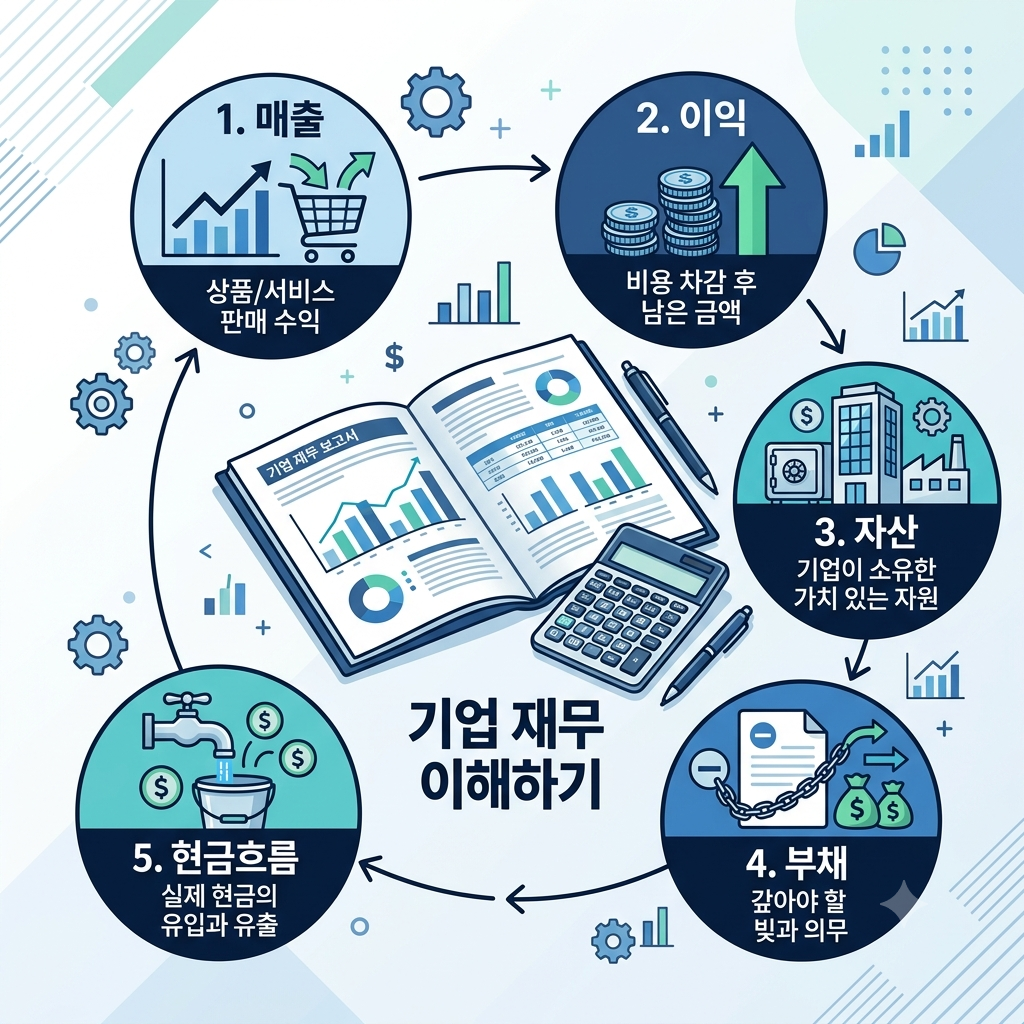 기업의 매출과 이익, 자산과 부채, 현금흐름을 이해하는 데 사용하는 재무제표를 표현한 인포그래픽