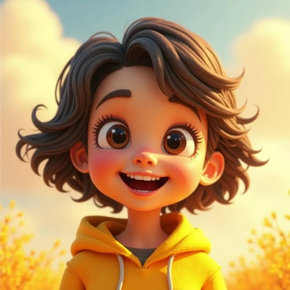 Flux Dev 모델로 생성된 노란 후드를 입은 소녀 캐릭터 이미지. 이 이미지는 귀엽고 만화적인 눈과 부드러운 채색이 강조된 Flux Dev 모델의 픽사풍 스타일을 시각적으로 전달하며, 블로그의 Leonardo AI 모델 비교 주제와 관련된 내용을 설명함 (flux dev model, cartoon style, animated look)