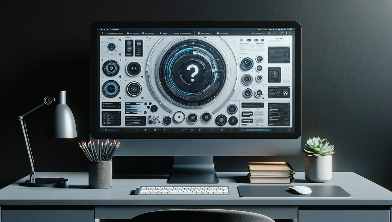 책상위에 컴퓨터 모니터와 여러 물품들이 올려져 있다