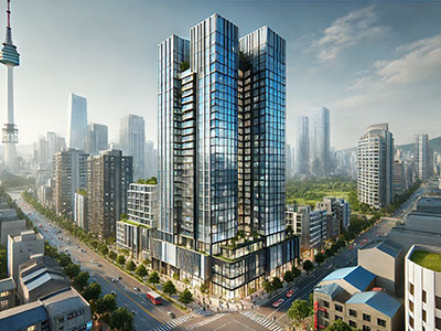 용산남영역롯데캐슬헤리티지를 배경으로 한 남영역 청년안심주택. 도시적이고 현대적인 분위기의 건물들로 구성된 풍경