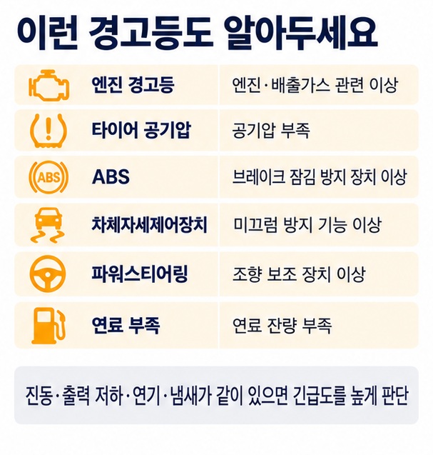 엔진 경고등 타이어 공기압 ABS 차체자세제어 파워스티어링 연료 부족 노란색 경고등의 점검 방법을 정리한 체크리스트