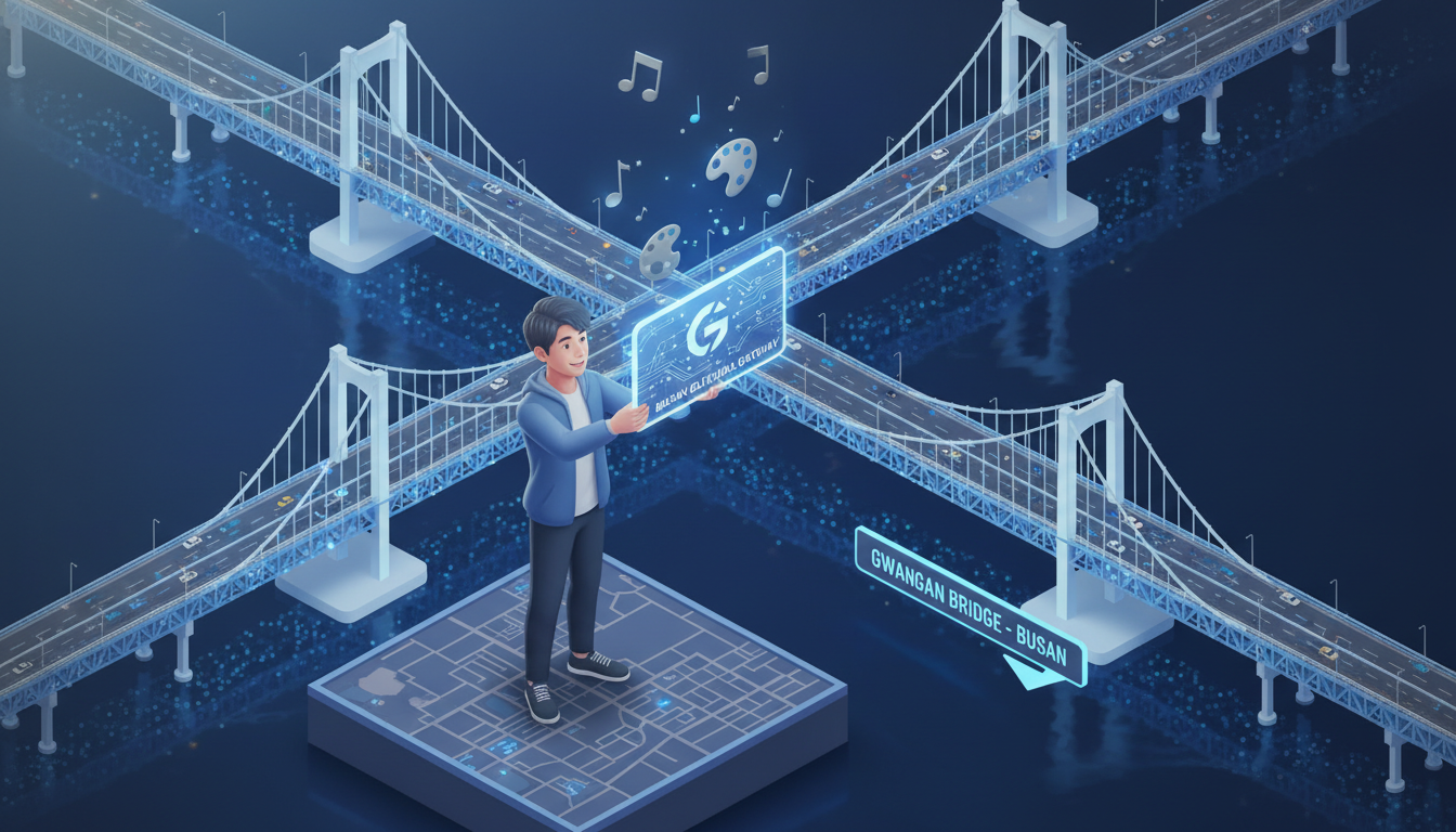 광안대교를 배경으로 2026 부산청년문화패스 카드를 들고 있는 청년 일러스트