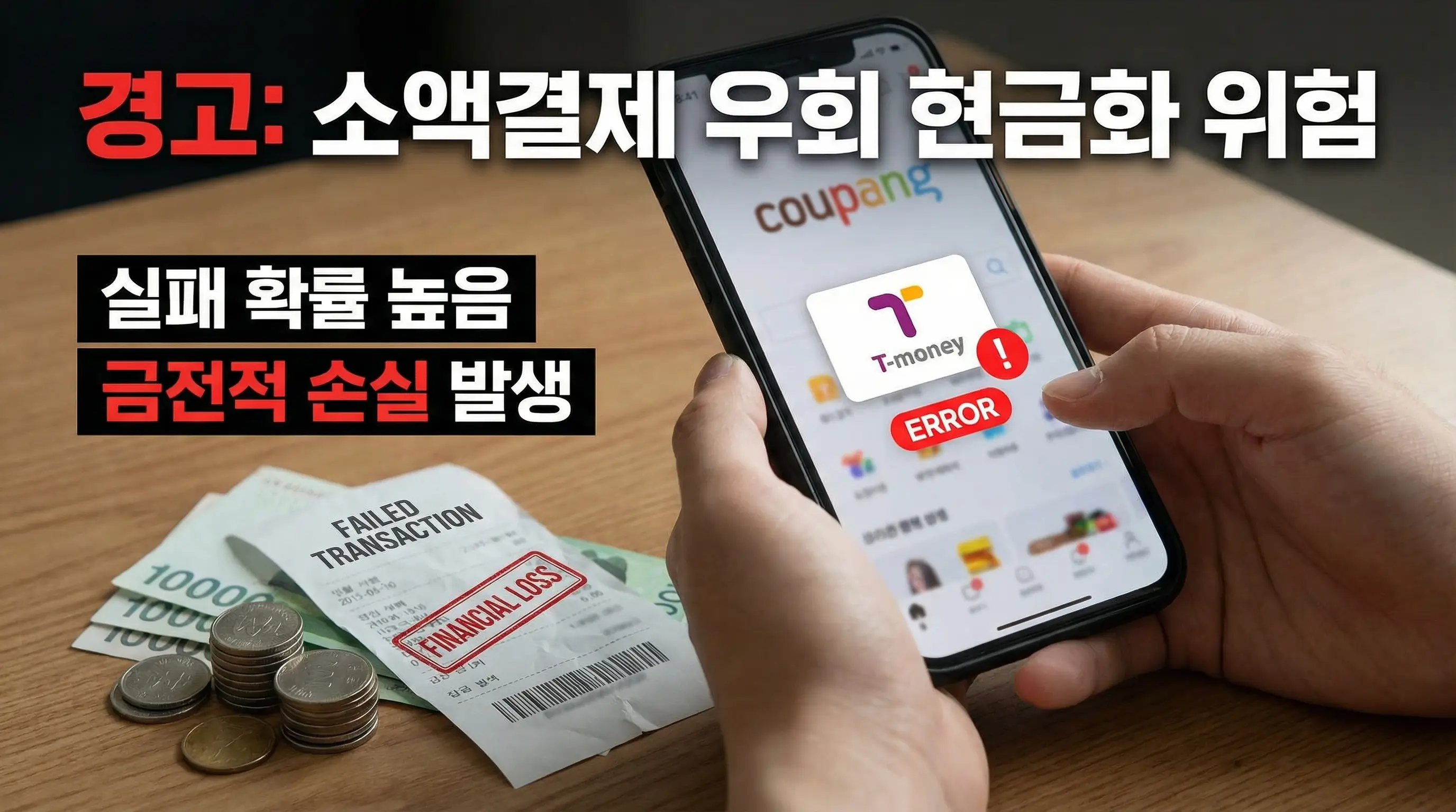쿠팡 및 티머니를 이용한 소액 결제 우회 현금화의 실패 확률과 금전적 손실을 보여주는 경고 이미지