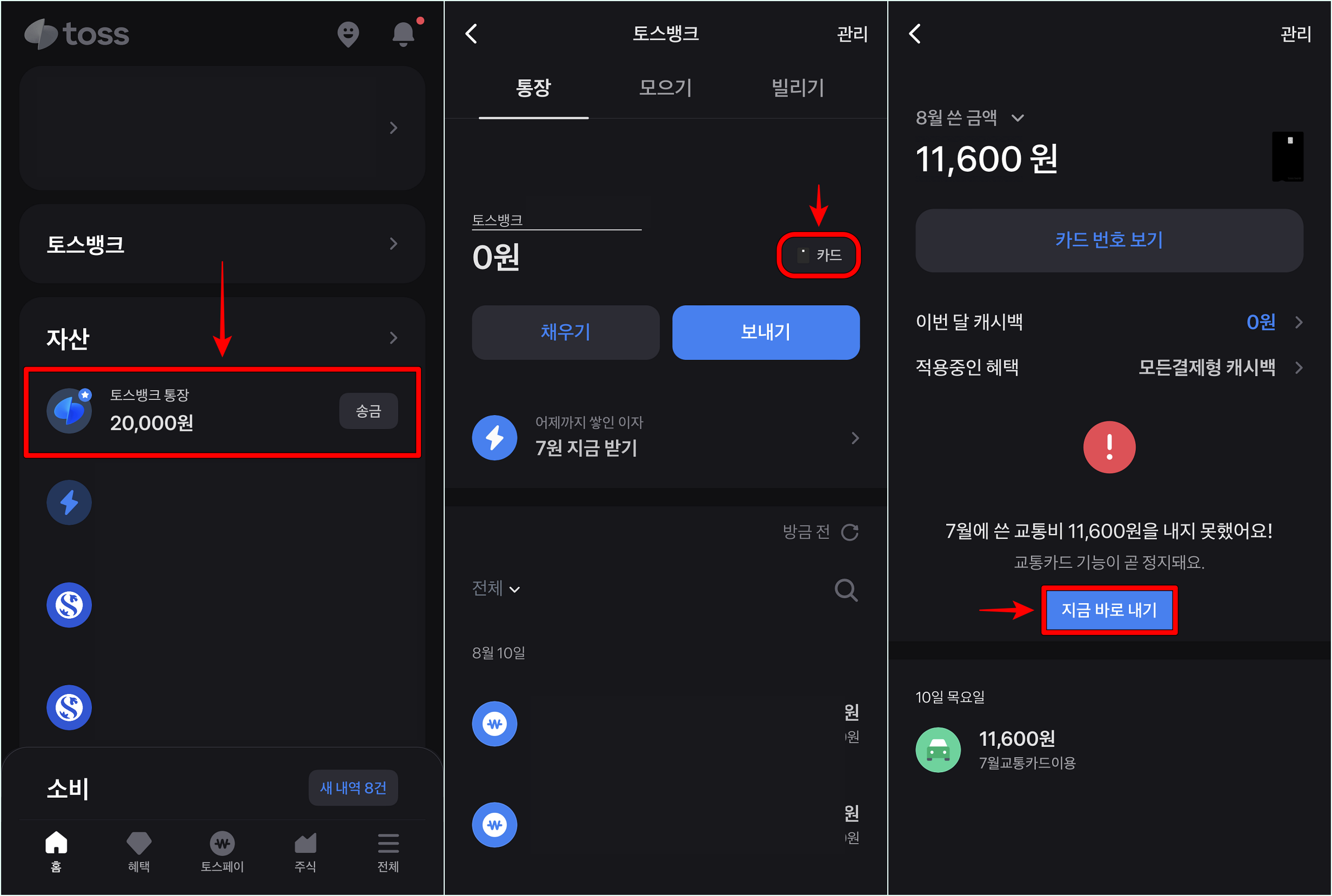 토스뱅크 통장에 접속하여 카드를 선택하고, 카드 메뉴에서 확인되는 지금 바로 내기를 선택