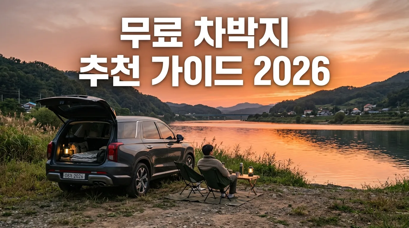 강변 공터에 주차된 SUV 옆에서 석양을 바라보는 차박 풍경