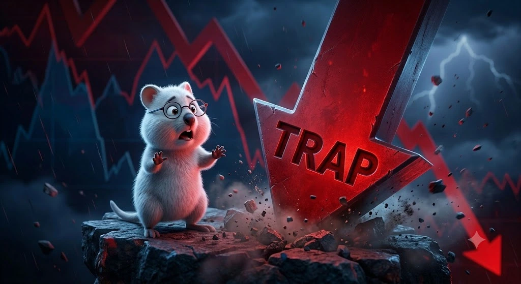 MSCI 편입 뉴스 직후 'TRAP(함정)'이라고 적힌 거대한 빨간색 하락 화살표가 쿼카를 덮치는 3D 일러스트. 기관과 외국인의 차익 실현 매물로 인해 뒤늦게 진입한 개인 투자자가 고점에 물리는 '선반영' 폭락 현상을 경고합니다.