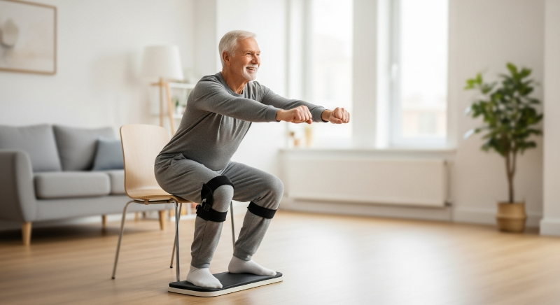 60대 시니어 남성이 의자를 이용해 무릎에 부담 없이 스쿼트 운동을 정확한 자세로 시연하는 모습. 허벅지와 엉덩이 근육 강화에 집중한다.