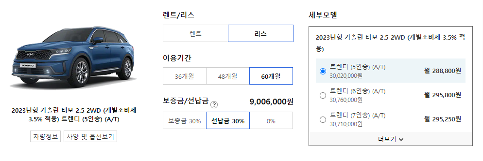 기아 쏘렌토 리스 가격표