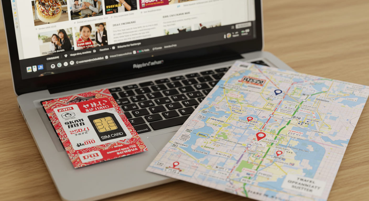 온라인에서 구매한 일본 유심 패키지와 여행 준비물