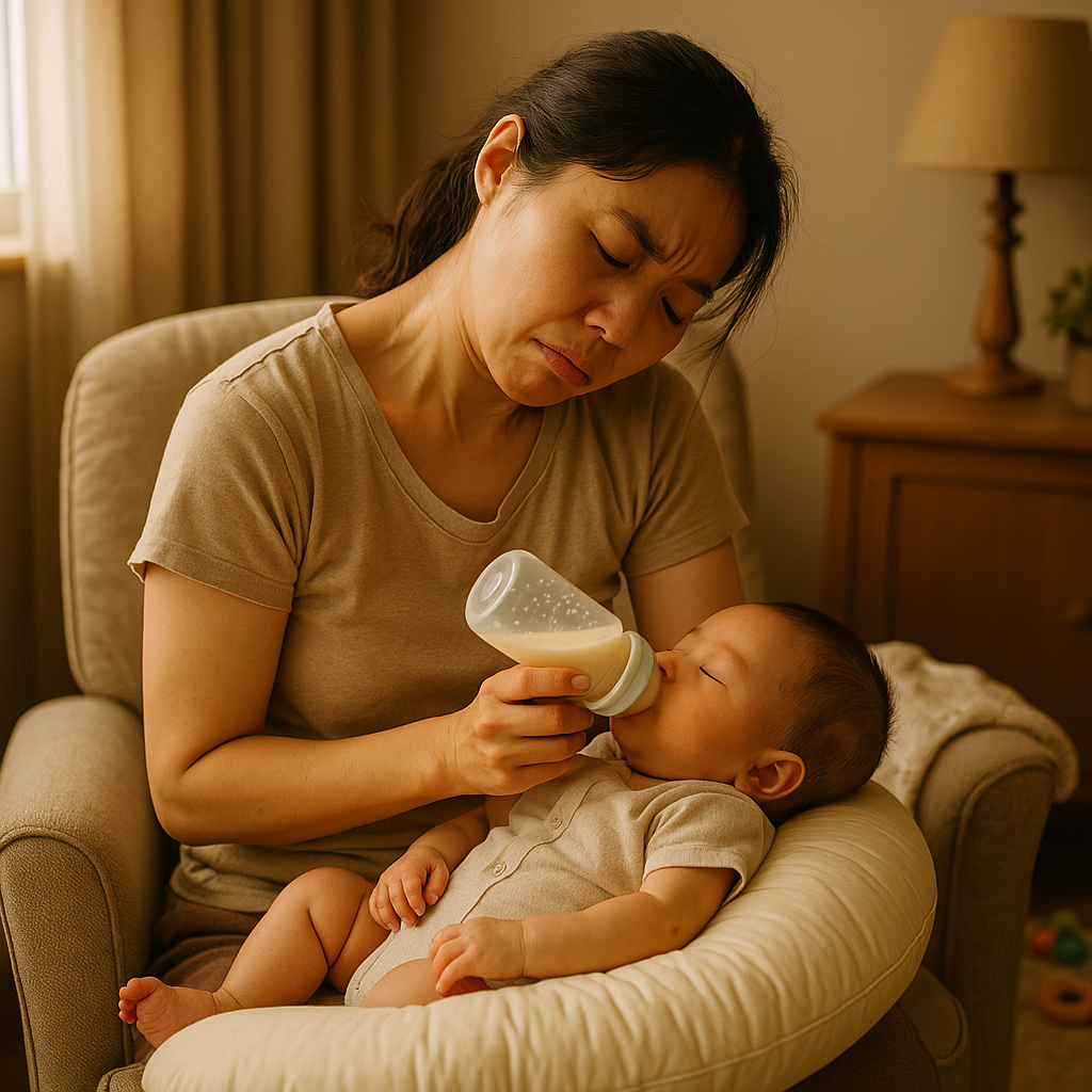아기에게 수유 중인 육아맘의 목 통증 유발 자세, 아이를 돌보는 과정에서 발생하는 목 건강 위험 요소를 보여주는 모습