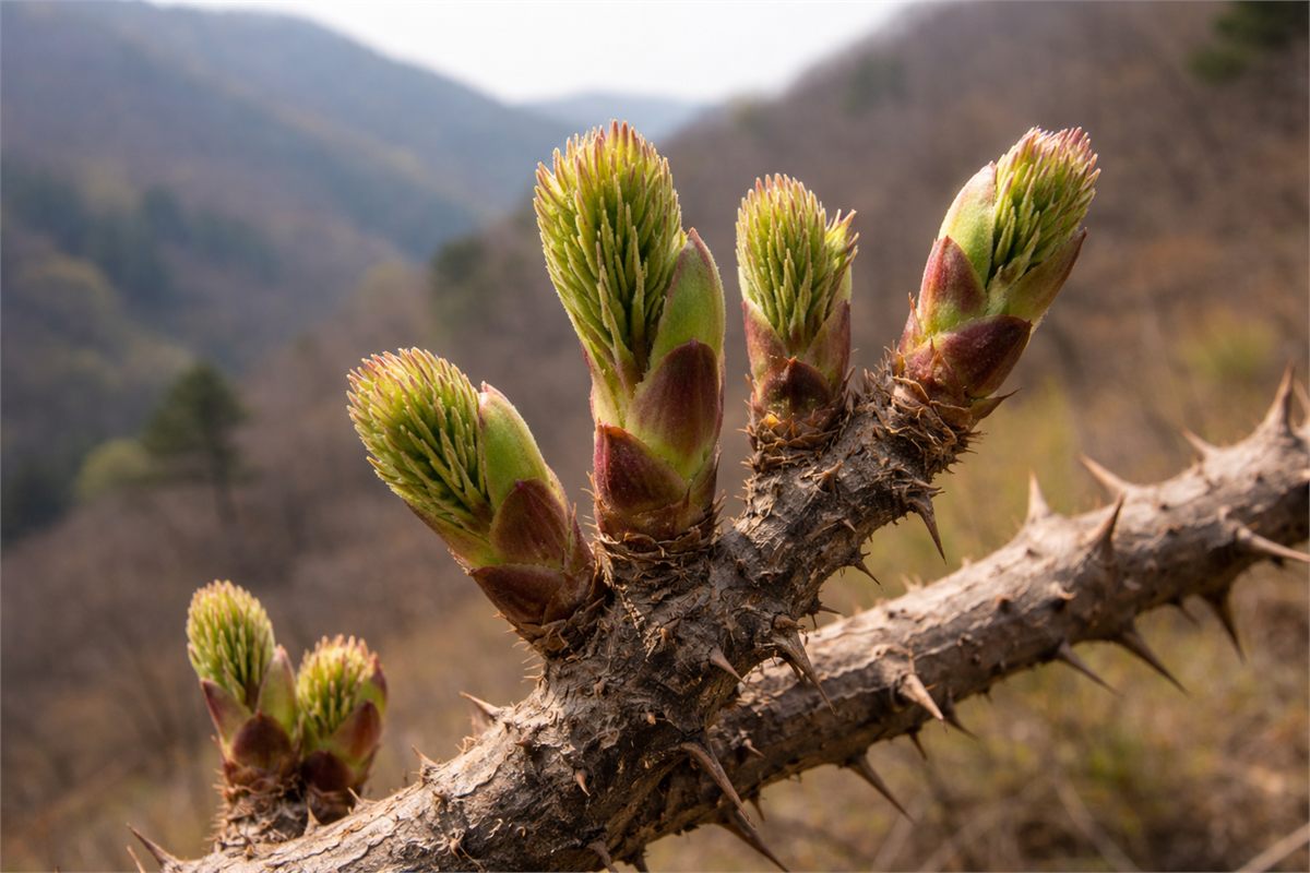 가시 돋은 가지 끝에 막 올라온 두릅 새순 디테일