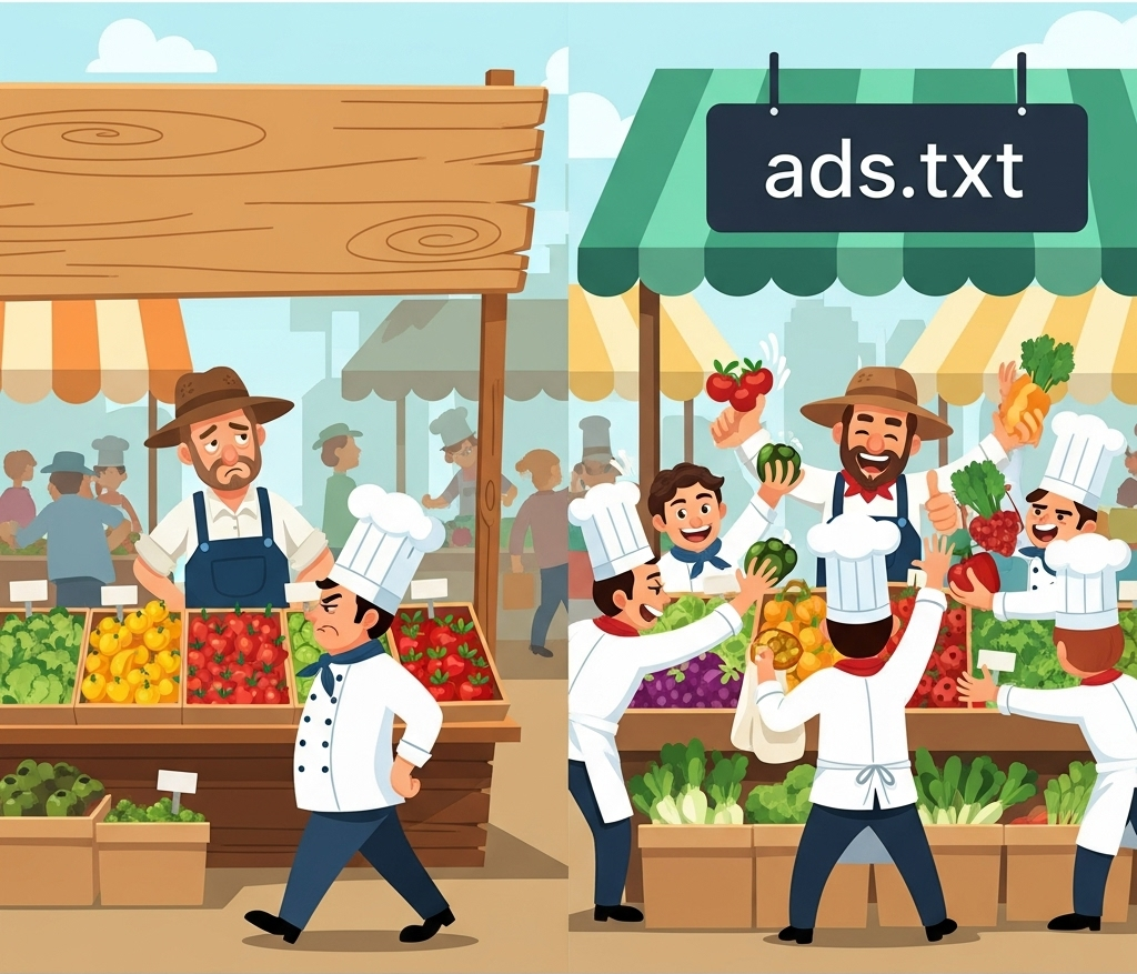 ads.txt 인증서가 있는 농부에게만 프리미엄 광고주가 몰리는 모습