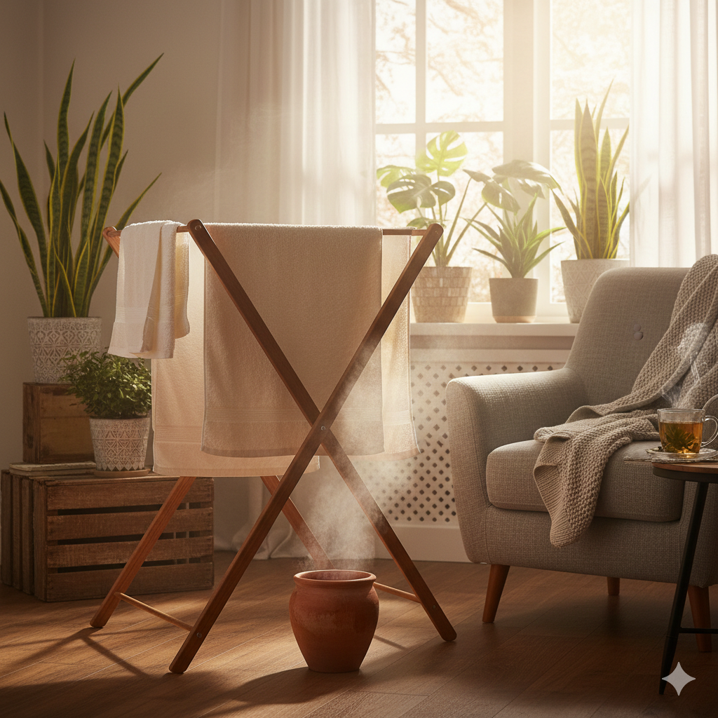 햇살 비치는 거실에 놓인 원목 건조대와 젖은 수건, 따뜻한 실내 가습 효과