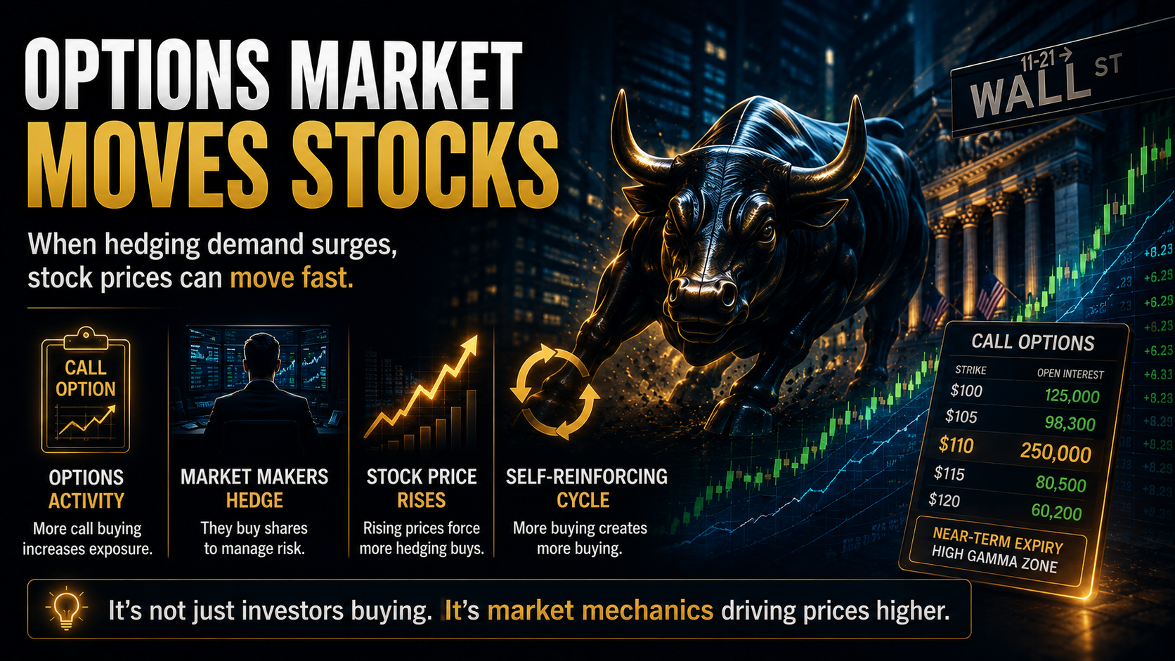 Illustration showing the impact of Gamma Squeeze on stock prices, options activity, market liquidity, and volatility.