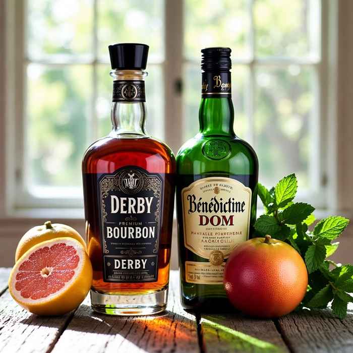 더비 칵테일 재료 - 버번 위스키, 베네딕틴, 자몽과 신선한 민트