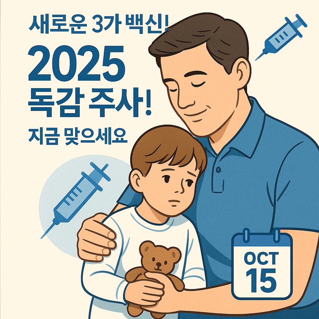 새로운 3가 백신 홍보 이미지 – 10월 15일 독감 예방주사 일정 안내