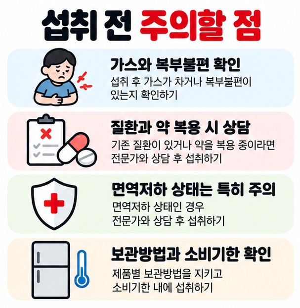 가스와 복부불편, 질환과 약 복용, 면역저하 상태에서는 섭취에 주의하라는 체크리스트 카드