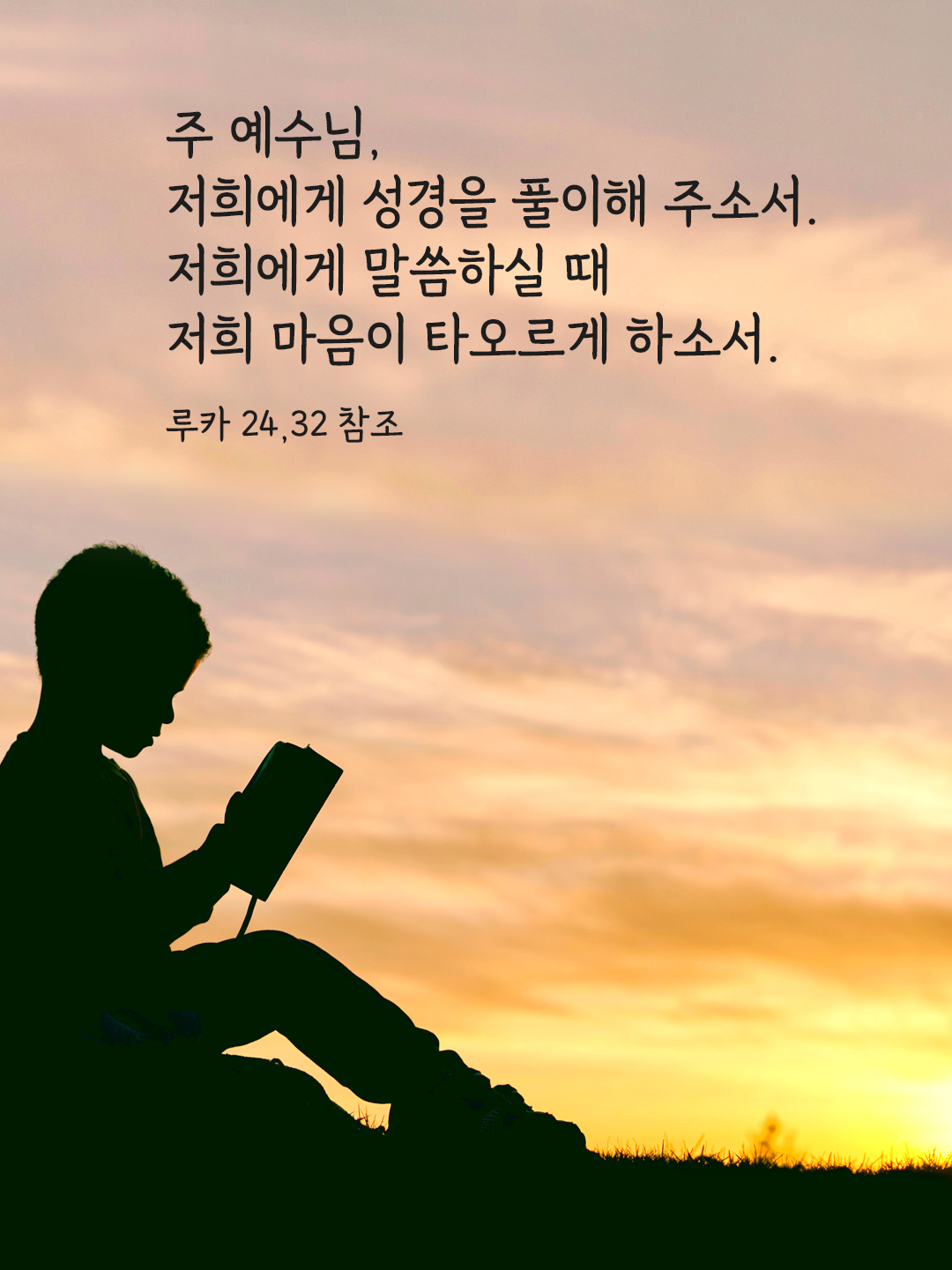 주 예수님, 저희에게 성경을 풀이해 주소서. 저희에게 말씀하실 때 저희 마음이 타오르게 하소서. (루카 24,32 참조)
