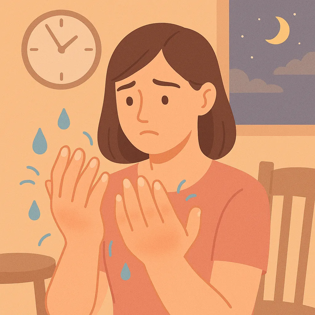 저녁 시간이 되어 탁자에 앉아 부어 오른 두 손을 바라보며 걱정스러운 표정을 짓는 여성의 일러스트