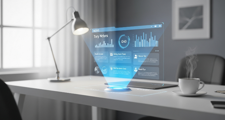 AI가 개인 맞춤형 아침 뉴스 브리핑을 제공하는 미래적인 장면, 커피와 함께 하루를 시작하는 모습.