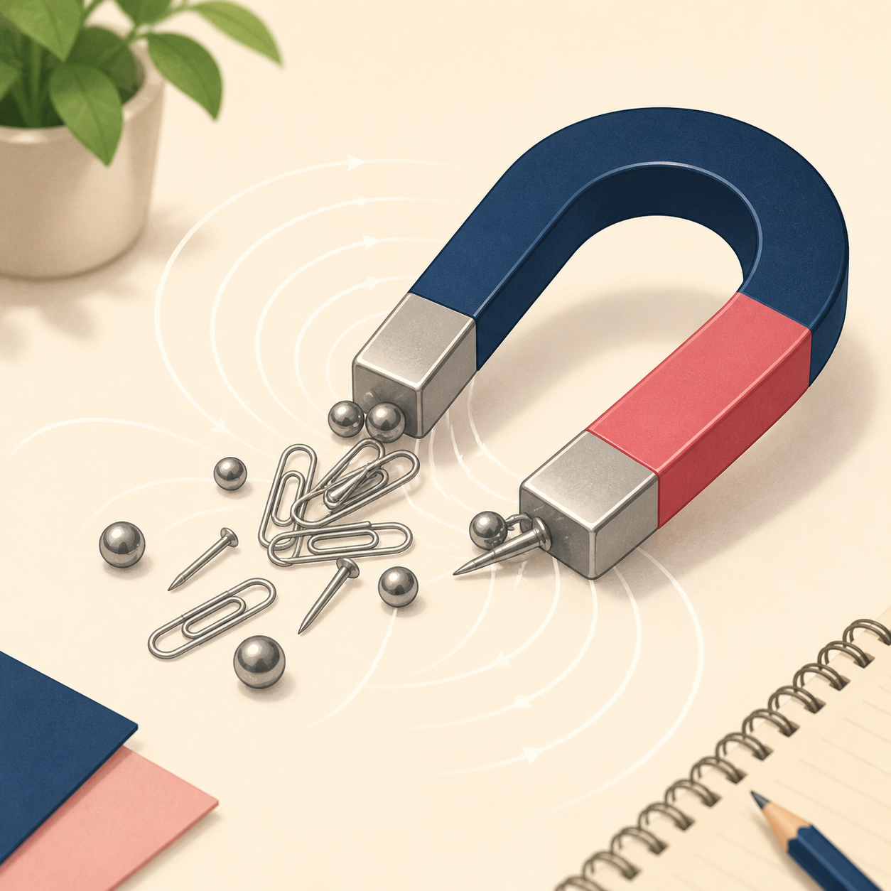 A simple magnet attracting small metal pieces in an educational science illustration